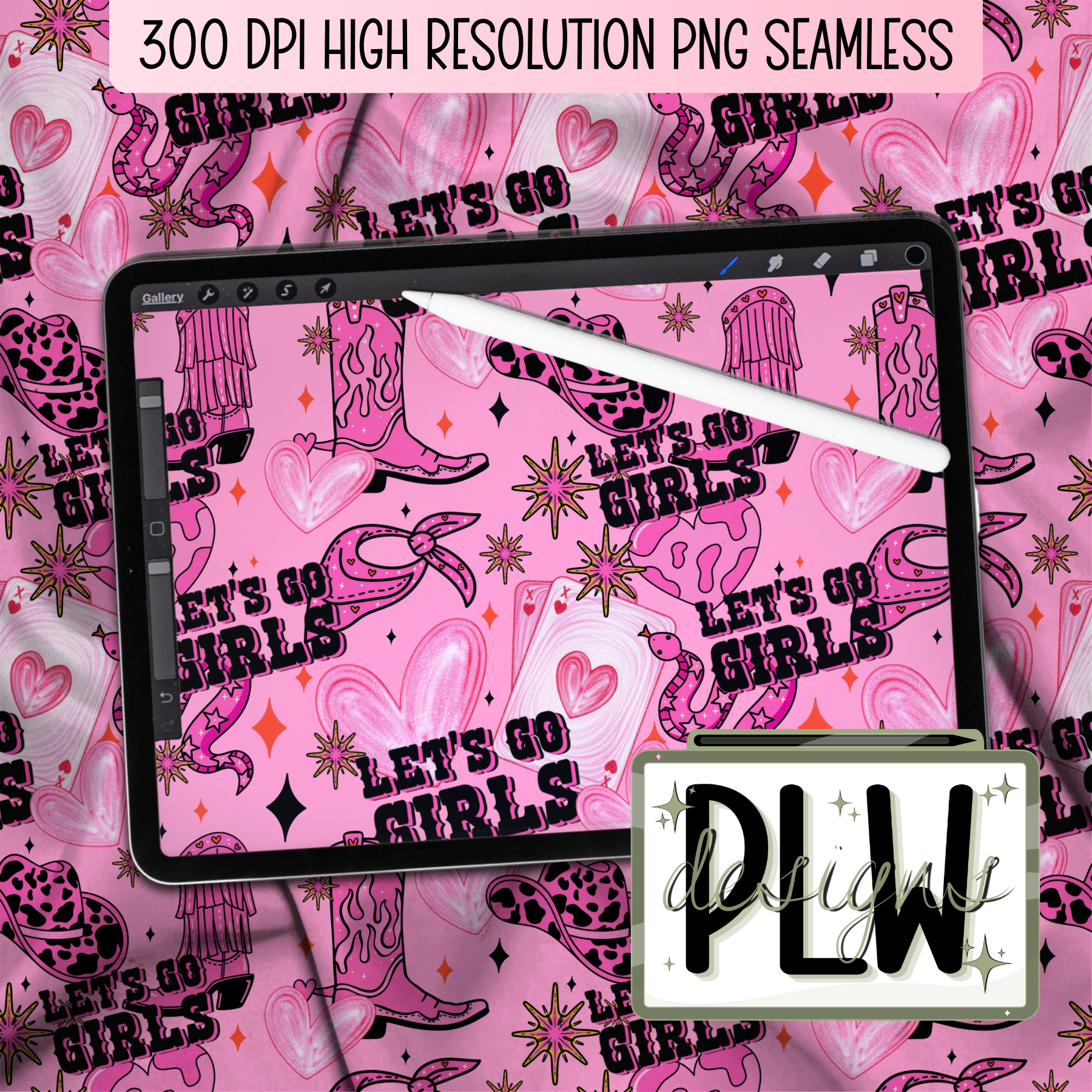 LETS GO GIRLS Pretty in hot pink, glitter heart, boots, cowboy hat, snake, cards, stars, Cowgirl themed seamless pattern PNG &nbsp;Digital Download