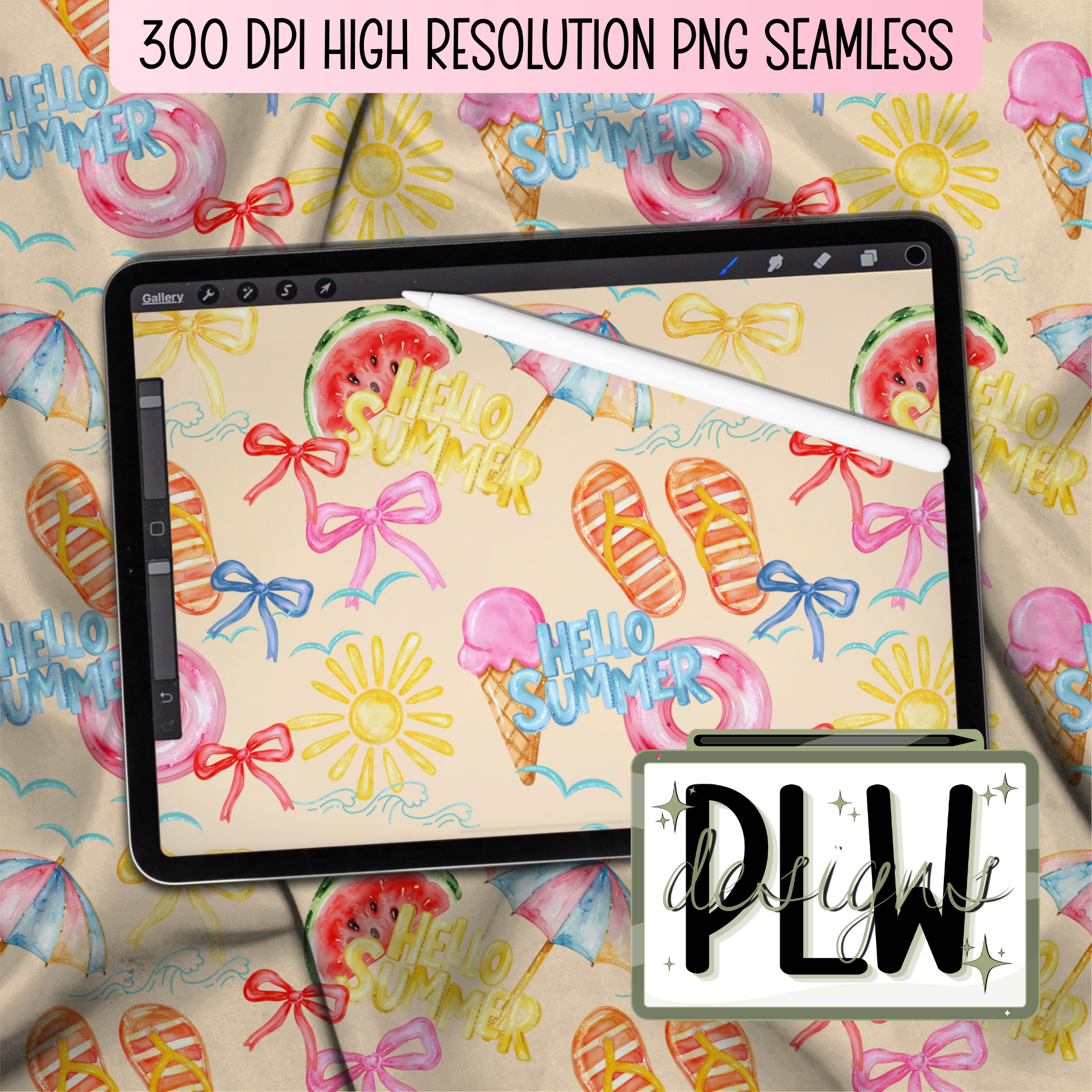 Hello Summer, Summer Time Glitter Colorful Seamless Pattern, Beach, Bow, Summer Themed Pattern PNG Digital Download