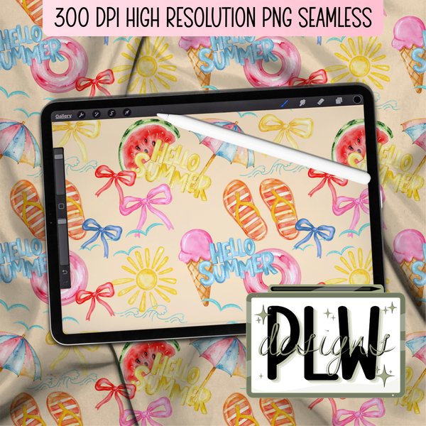 Hello Summer, Summer Time Glitter Colorful Seamless Pattern, Beach, Bow, Summer Themed Pattern PNG Digital Download