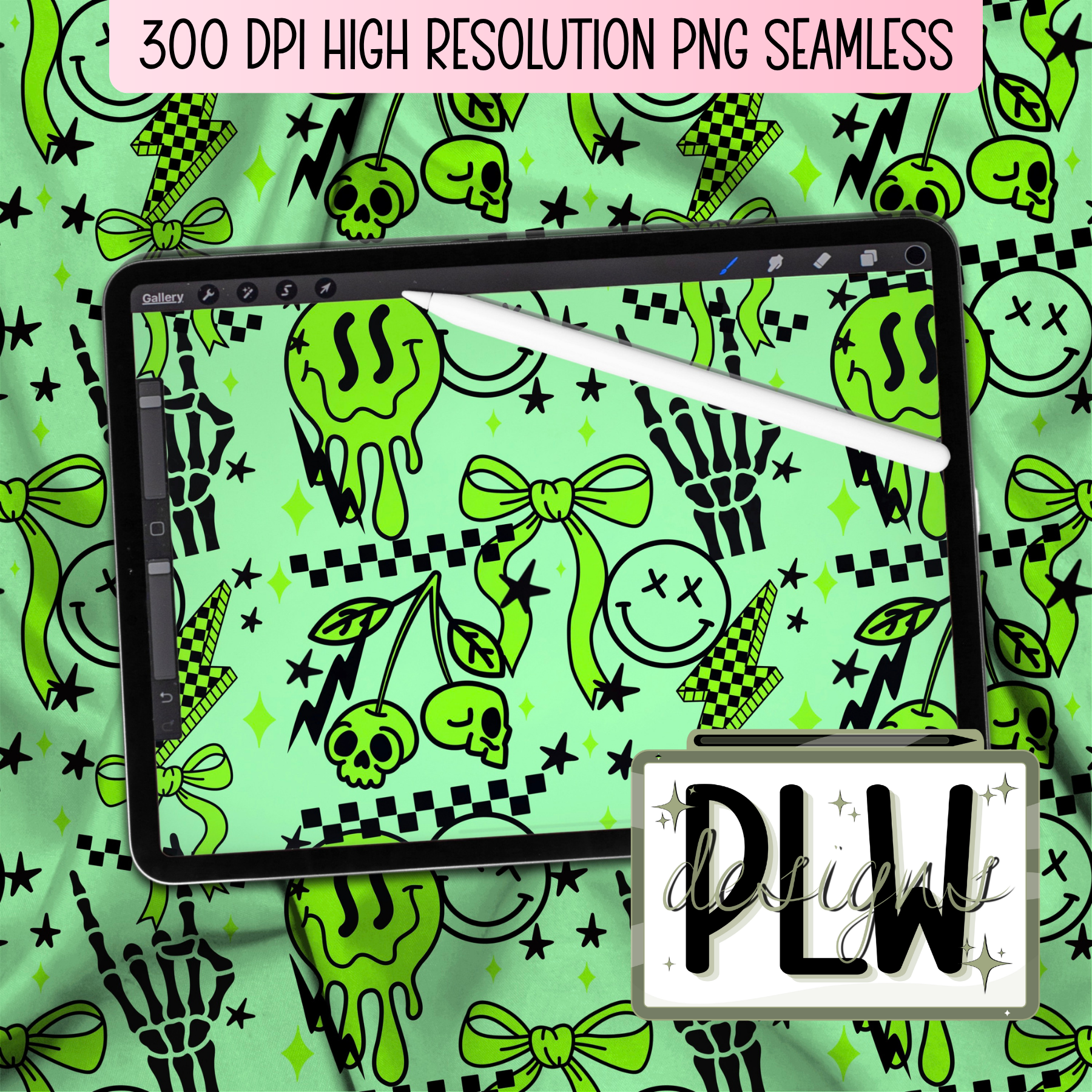 Checkered Smiley, Retro, Skull, Bow, Checkered Cool Seamless Pattern, Neon Green happy faces, skeleton hand, full color seamless PNG file, Digital Download
