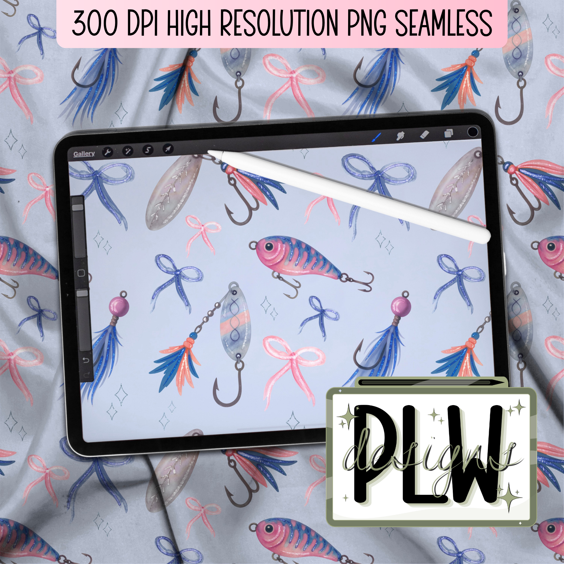 Fishing Lures, Glitter Fishing, Seamless Pattern PNG Digital Download