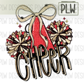 Red & Gold CHEER, Pom Pom, Bow, Glitter PNG Digital Download