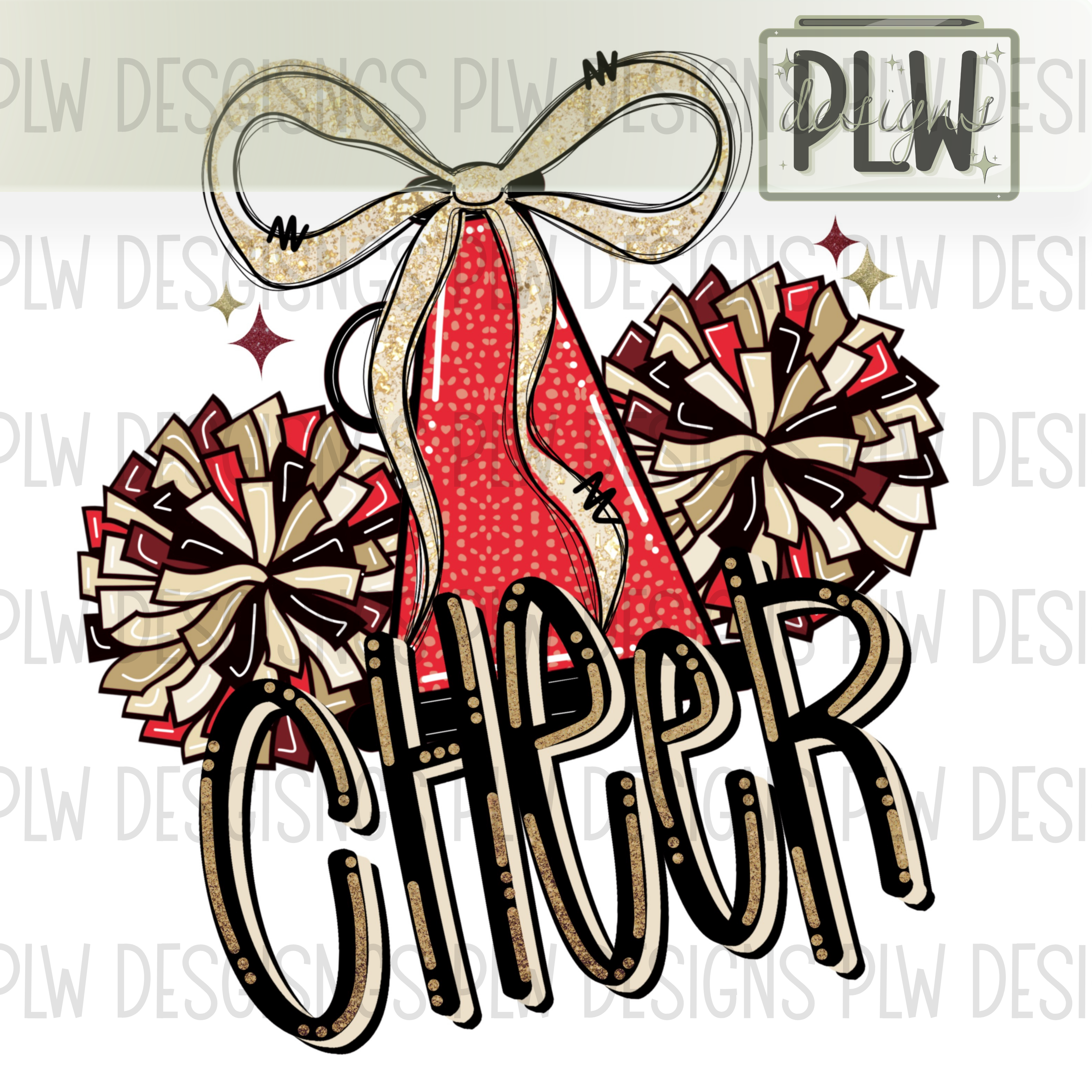 Red & Gold CHEER, Pom Pom, Bow, Glitter PNG Digital Download