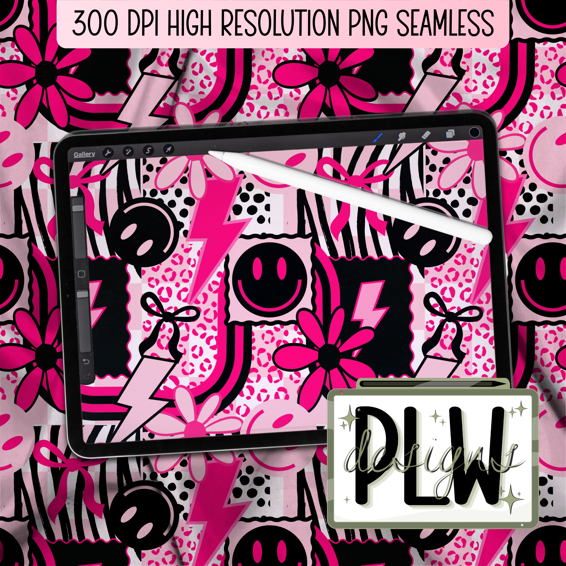 High-Contrast hot pink, black and pastel Y2K vibes, Smiley Face, checkered, leopard print, edgy Seamless Digital Download