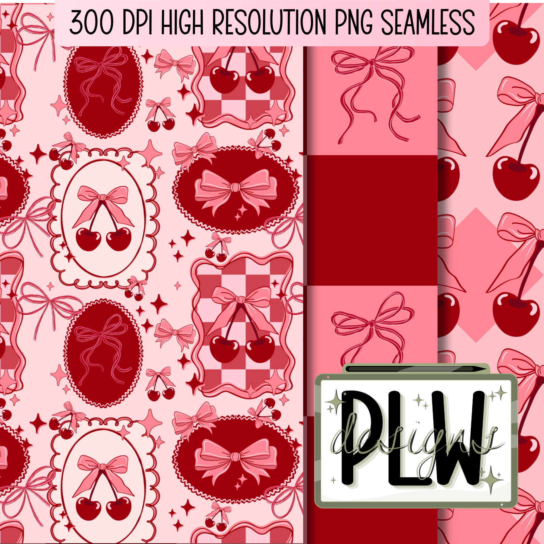 Sweet Cherry Coquette Seamless Pattern Bundle, Digital Download, PNG, JPG