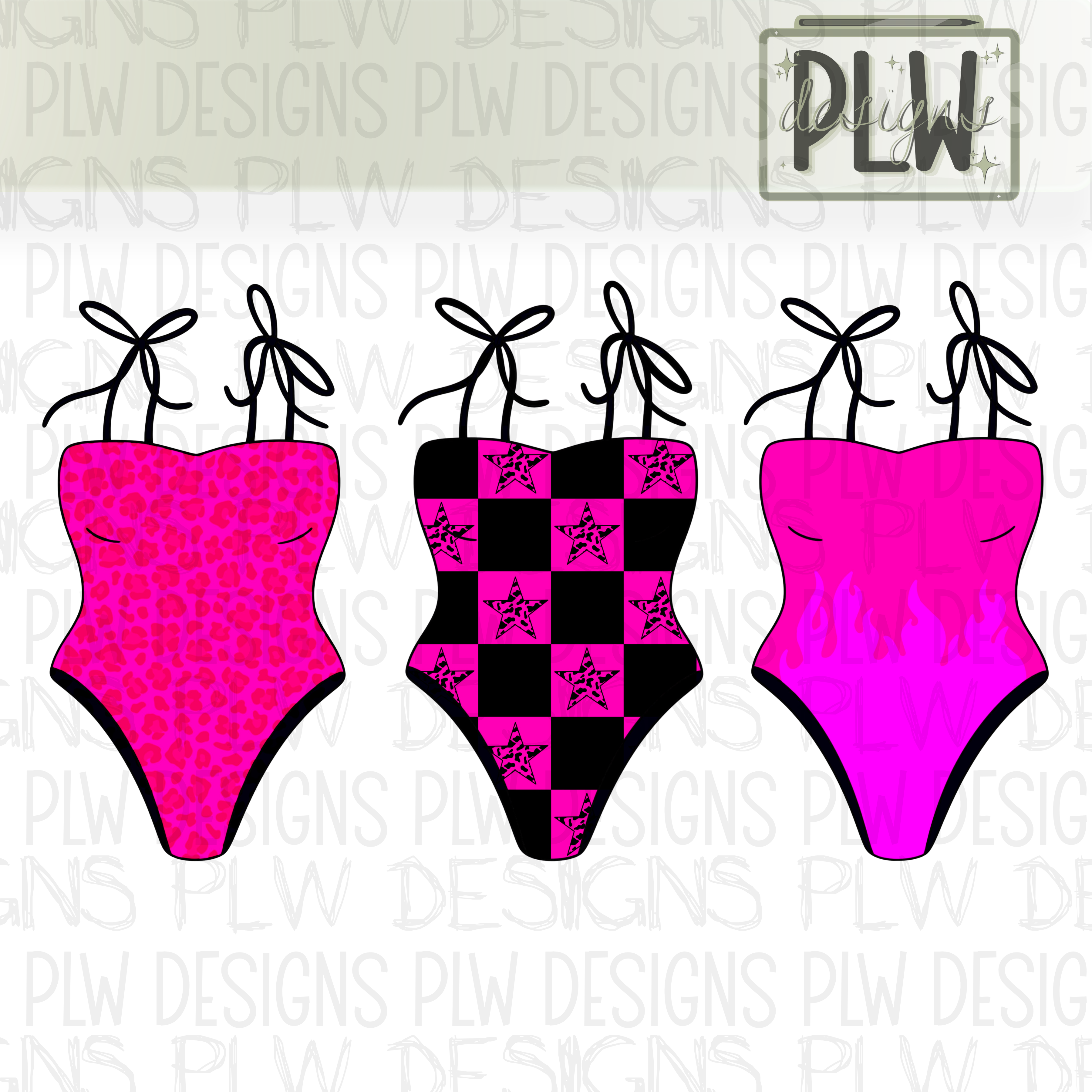 Hot Pink playful printed swimsuit clipart bundle, neon trendy western-grunge style clipart bundle, PNG Digital Download