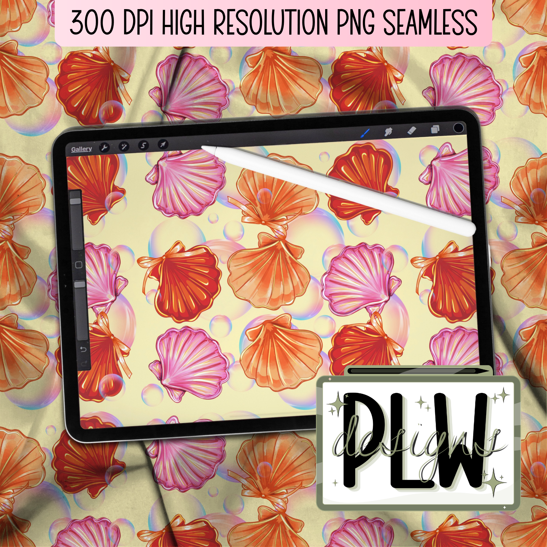 Sun-kissed Shells & Bubbles, Vibrant Sea Shells, Iridescent bubbles, pinks and orange, PNG, JPG, Seamless Pattern
