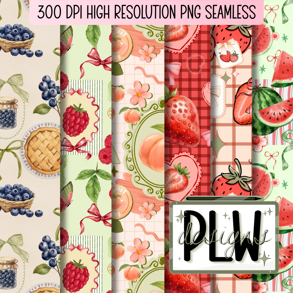 Sweet Summer Harvest, Cottage Summer Fruit Seamless Repeat Pattern, Bundle of 6 Seamless Digital Download, High Resolution 300 DPI PNG JPG