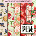 Sweet Summer Harvest, Cottage Summer Fruit Seamless Repeat Pattern, Bundle of 6 Seamless Digital Download, High Resolution 300 DPI PNG JPG