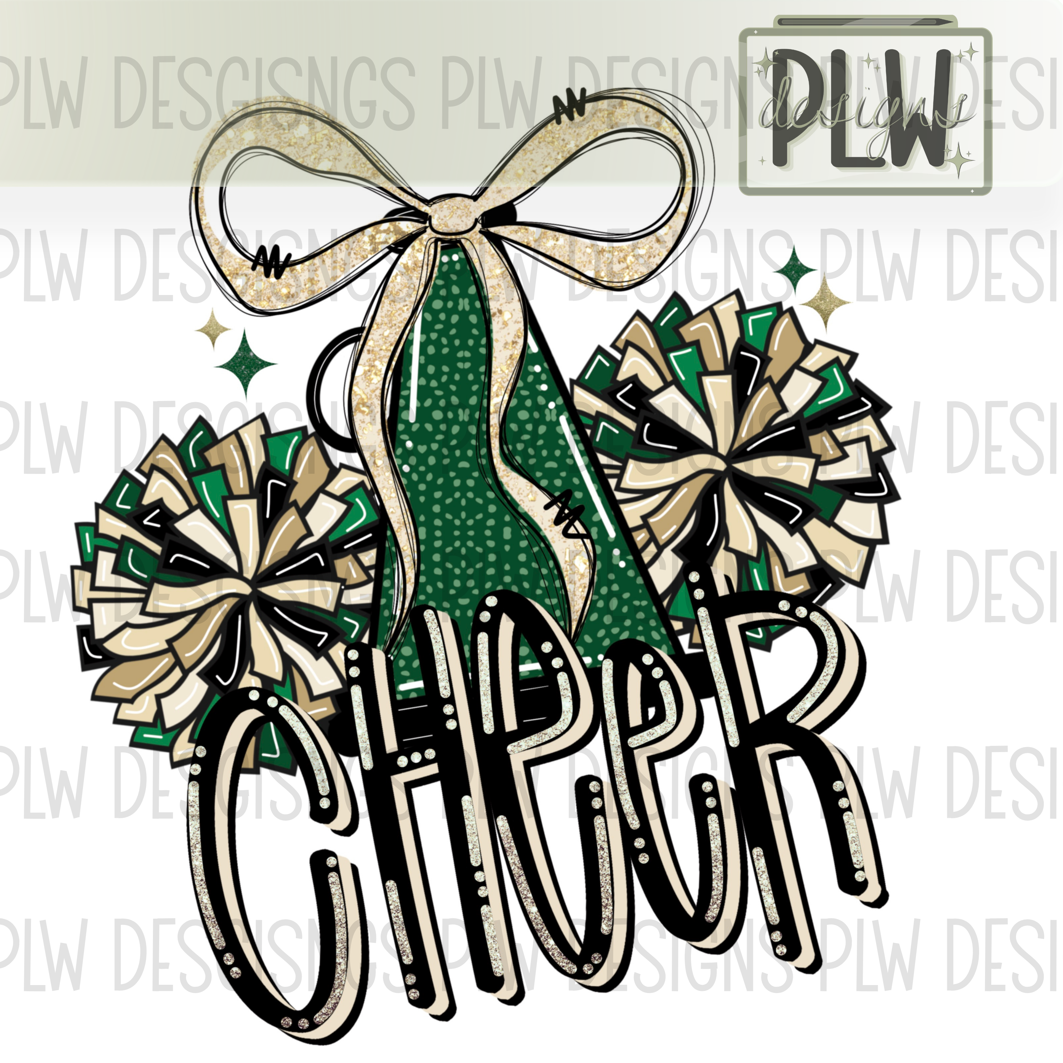 Green & Gold CHEER, Glitter Bow, Pom Pom PNG Digital Download