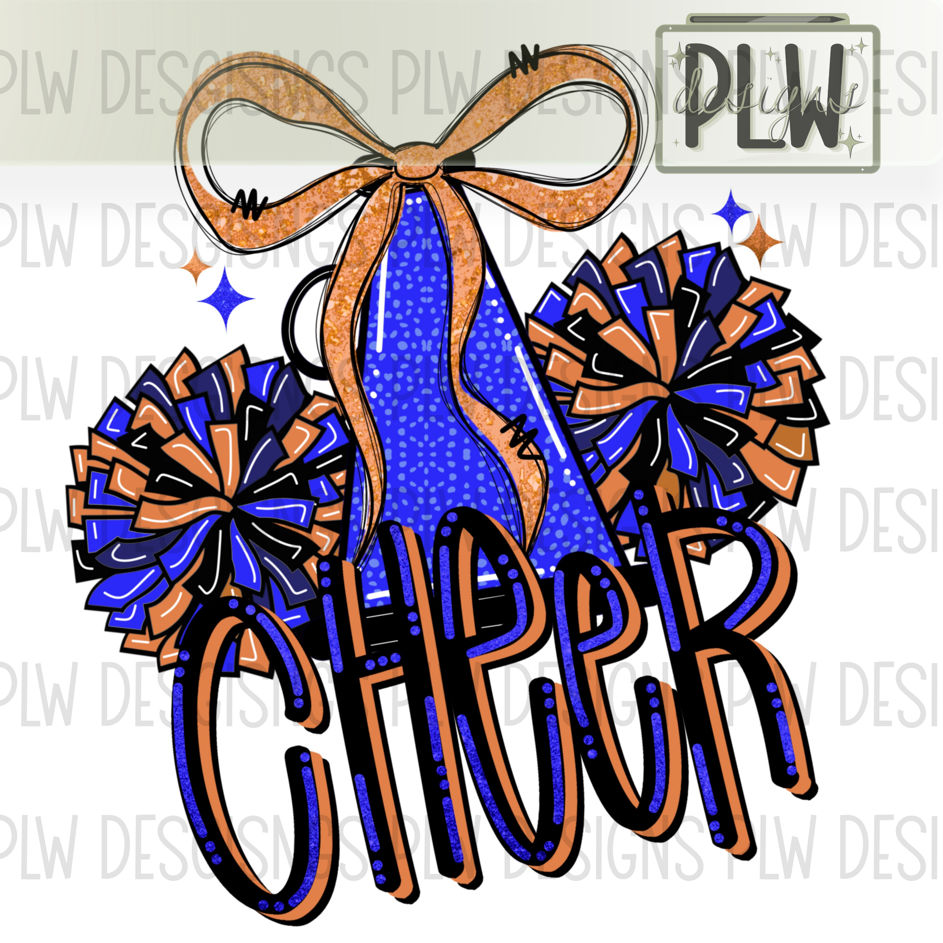 Orange & Blue CHEER Design, Glitter Bow, CHEER Pom Pom PNG Digital Download