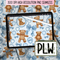Something Blue Teddy Bear Patter, Vintage Grandmillennial Bear & Bows Seamless, PNG, JPG, Digital Download Seamless Patter