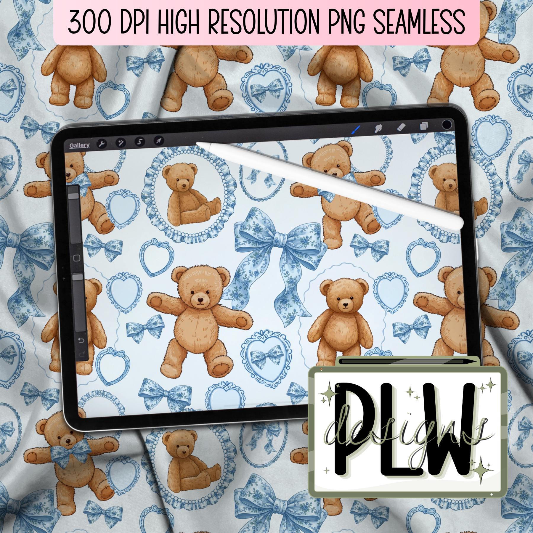 Something Blue Teddy Bear Patter, Vintage Grandmillennial Bear & Bows Seamless, PNG, JPG, Digital Download Seamless Patter