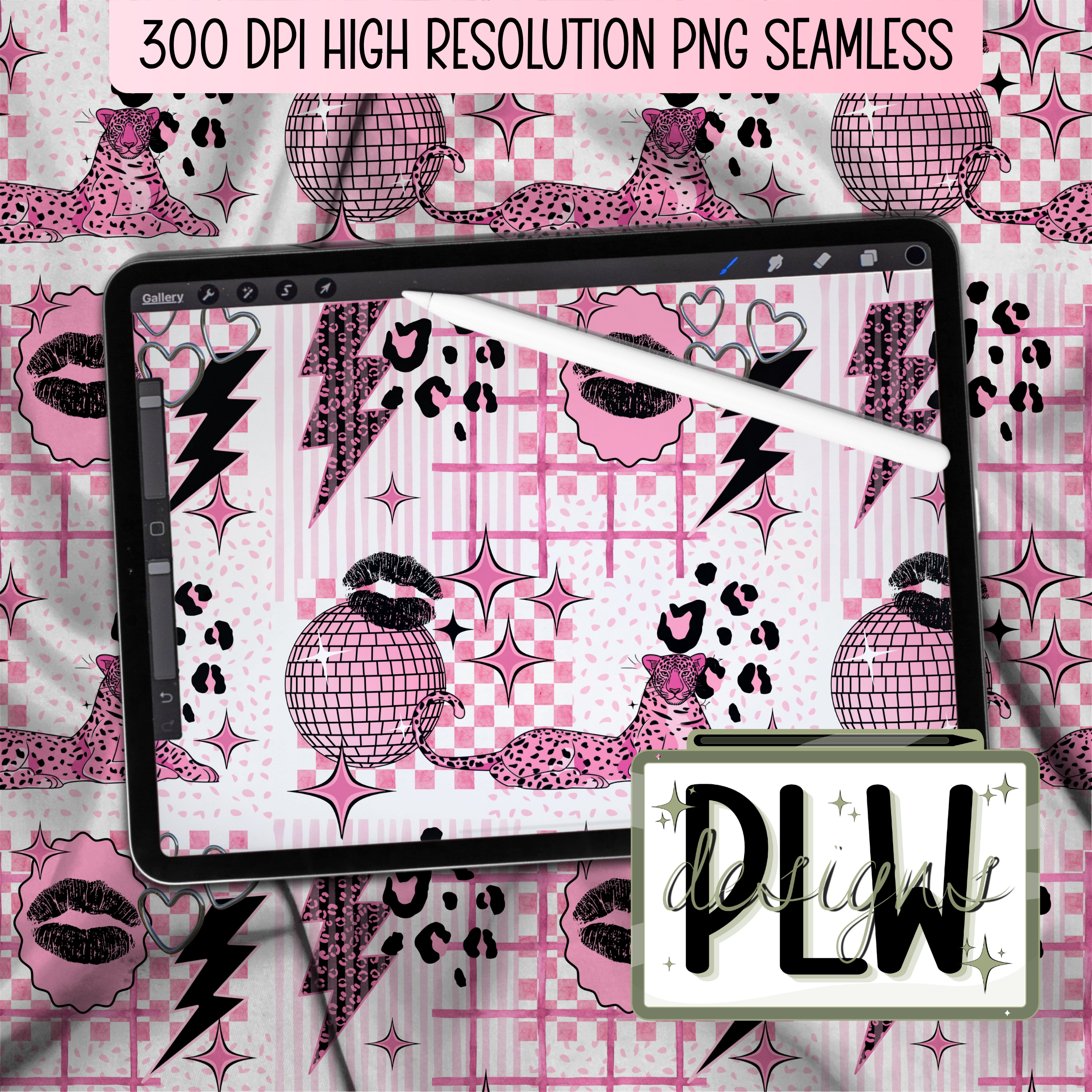 Retro pink Disco Cheetah, Majestic pink cheetahs, shimmering disco balls, sparkling retro stars, and bold lightning bolts Seamless Digital Download