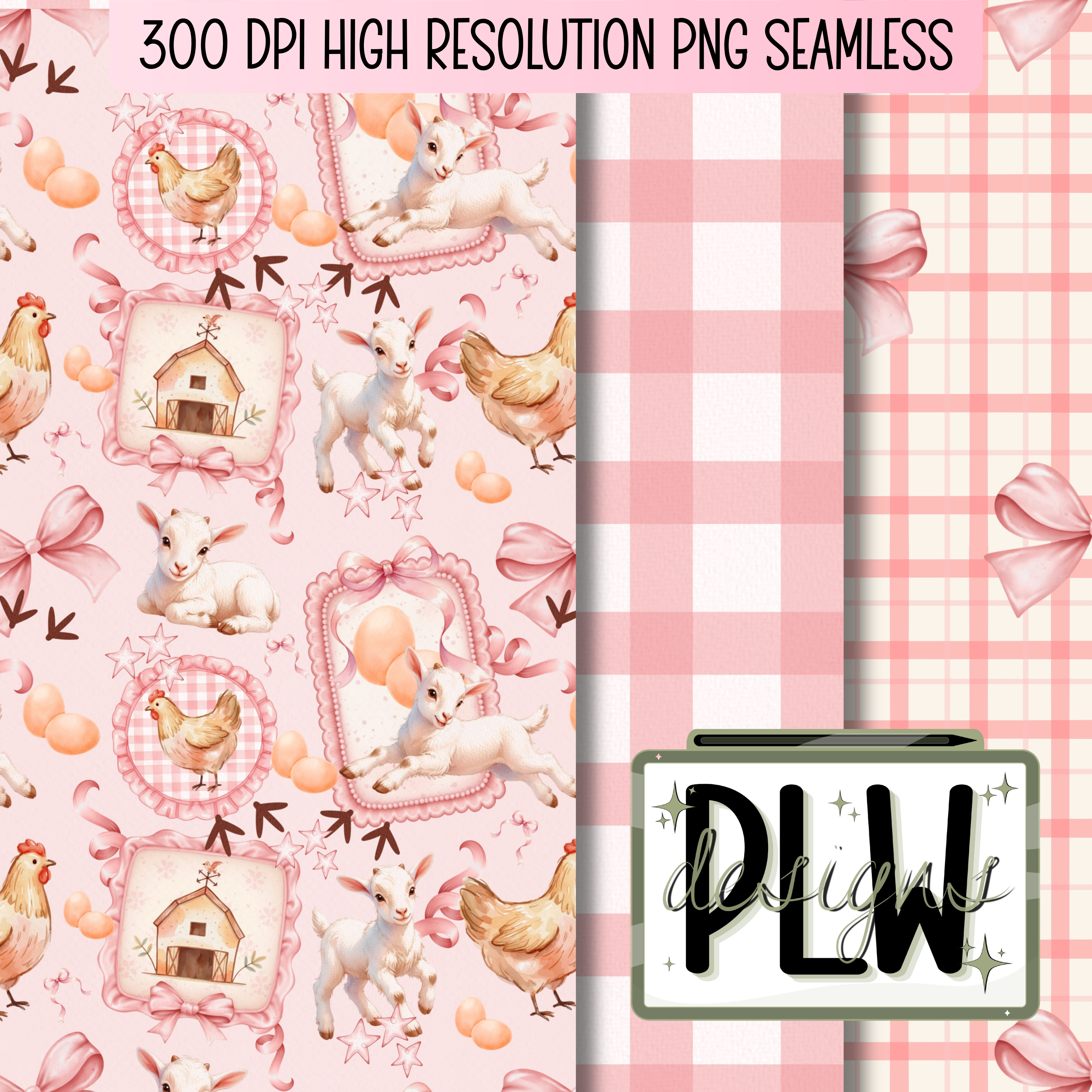 Blush Barnyard Dreams, set of 3 seamless patterns, farmhouse, chickens, goats, gingham, Cottagecore-Coquette aesthetic seamless digital download bundle
