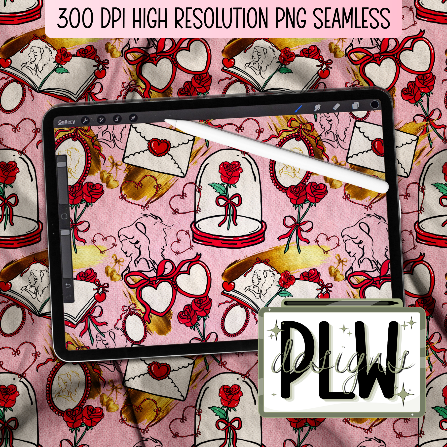 Vintage Tale As Old As Time, Fairytale Book and Love Letter Seamless, PNG, JPG, Seamless Pattern Digital Download