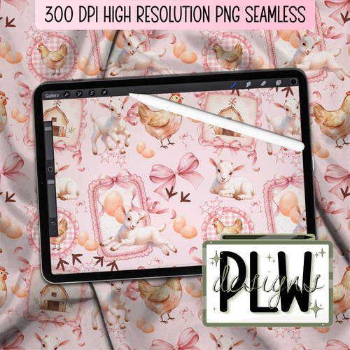 Blush Barnyard Dreams, set of 3 seamless patterns, farmhouse, chickens, goats, gingham, Cottagecore-Coquette aesthetic seamless digital download bundle