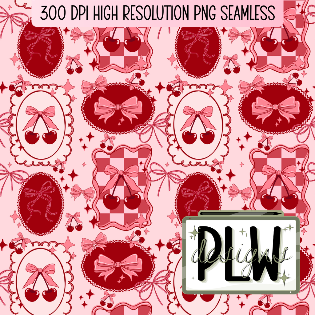 Sweet Cherry Coquette Seamless Pattern Bundle, Digital Download, PNG, JPG