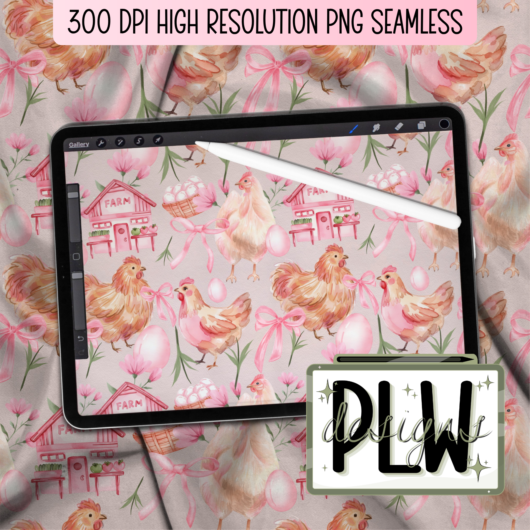Pretty in Pink Poultry, Grandmillennial Hen House Seamless, PNG, JPG, Seamless Digital Download Pattern