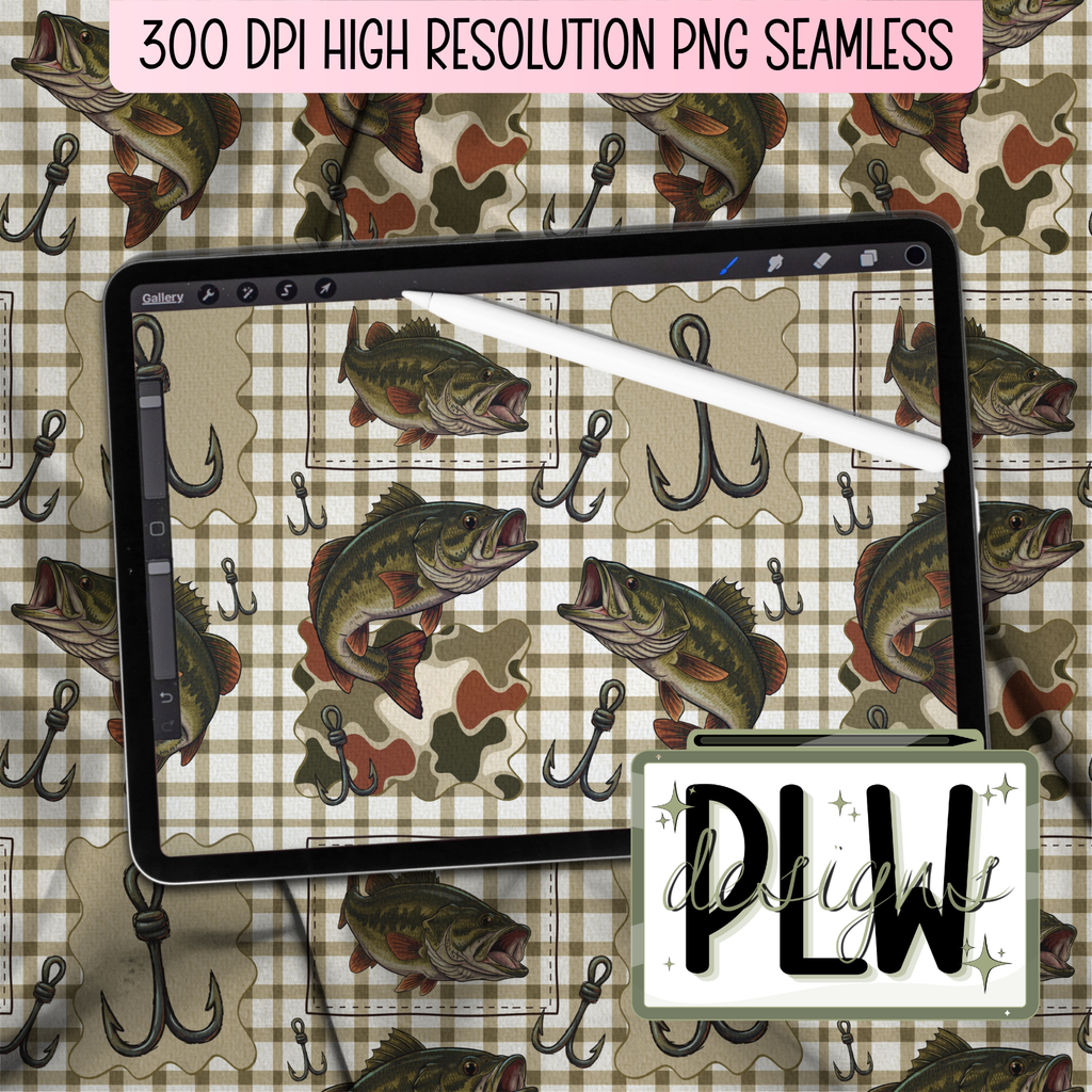 Hooked on Bass set of 3 seamless patterns, camouflage, Bass, Checkered, Plaid, outdoorsman aesthetic seamless pattern digital download