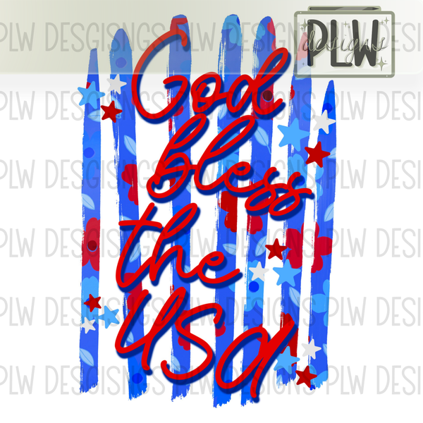 God Bless the USA Red, White & Blue Floral Stars & Stripes PNG Digital Download