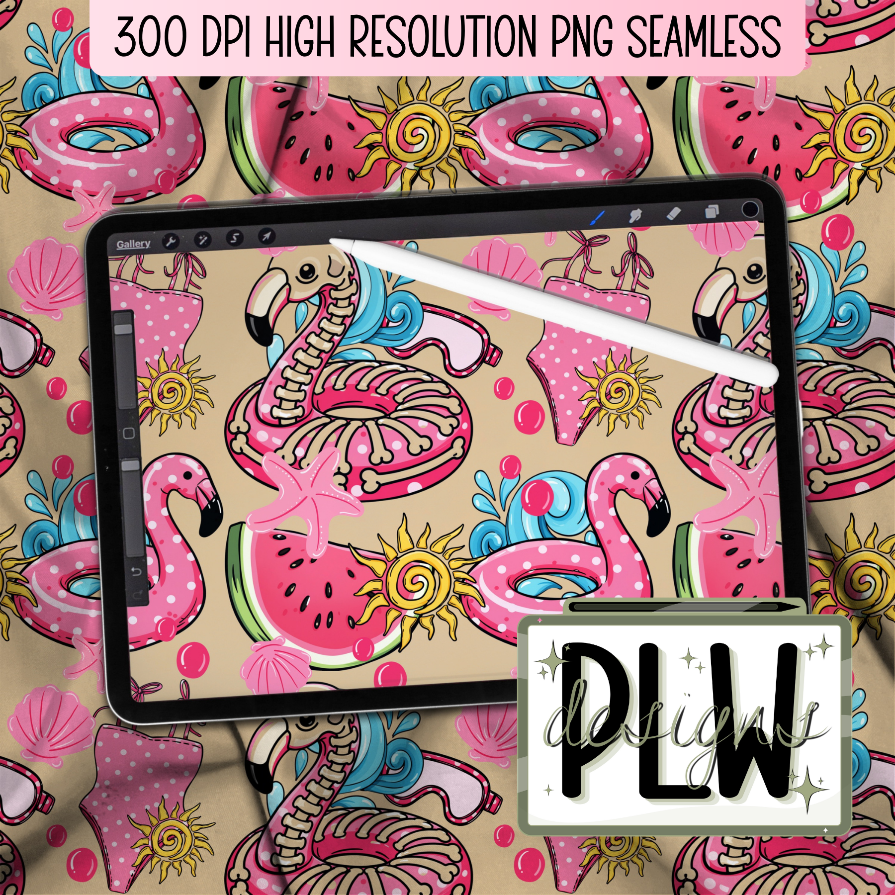 Pink Sands & Skeleton Flamingos PNG, JPG, Digital Download, Seamless File