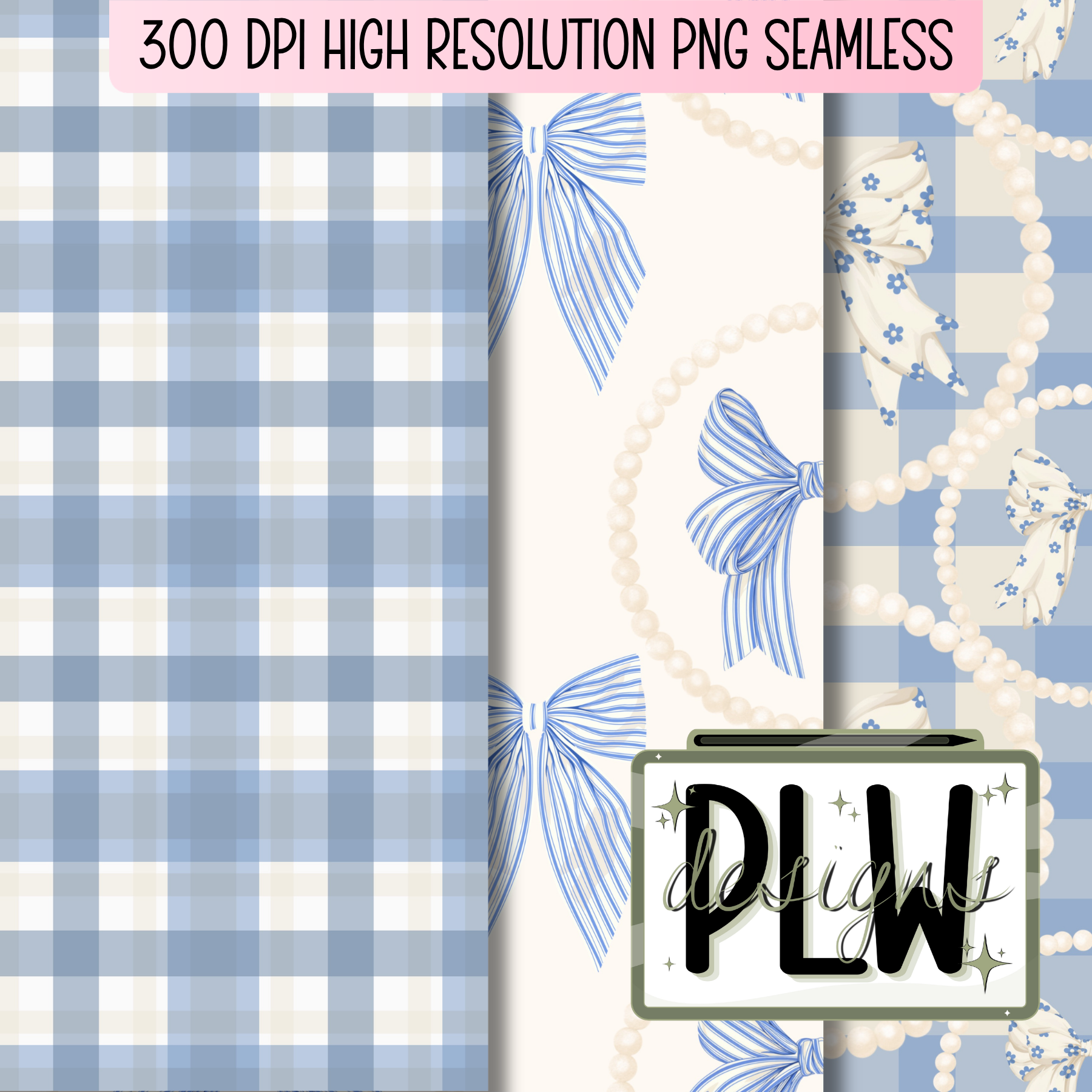Coastal Bows & Pearls Seamless Pattern Bundle, Digital Download, PNG, JPG