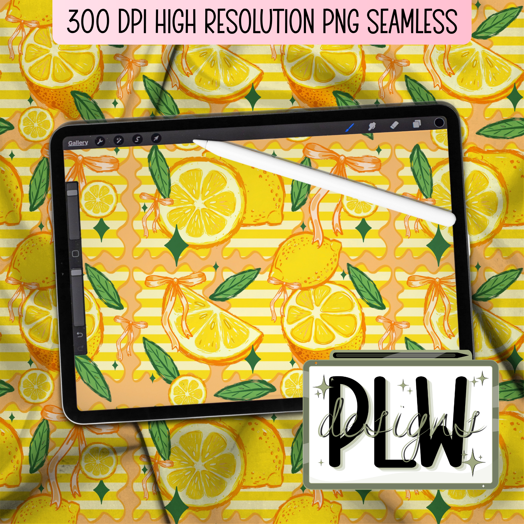 Summer Citrus Stripes, Seamless Lemon Pattern, Digital Download, PNG, JPG High Resolution Digital File