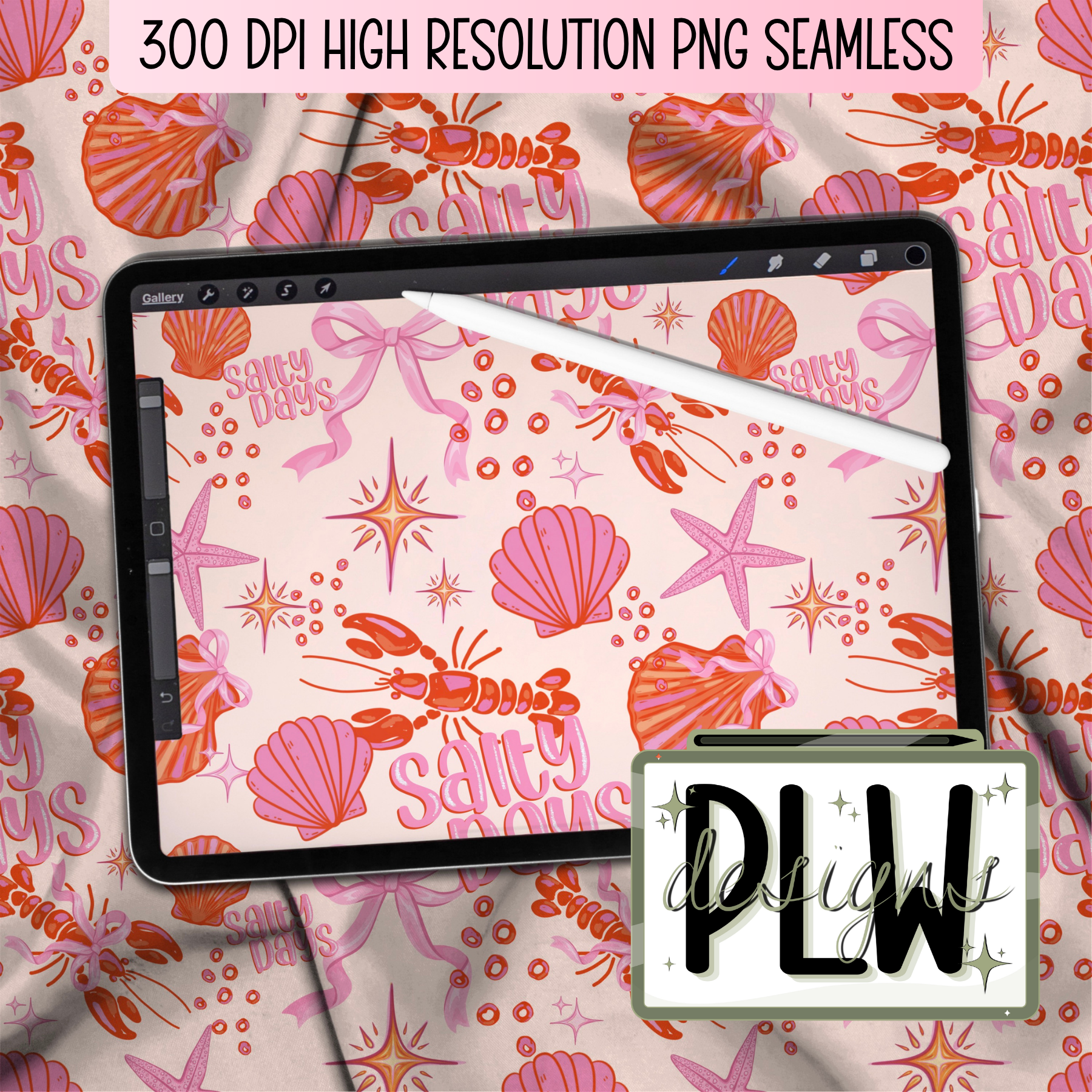 Lobster Salty Days Cute Seamless Digital Download, Pink, Bows, Glitter, Salty Days Seamless Pattern PNG