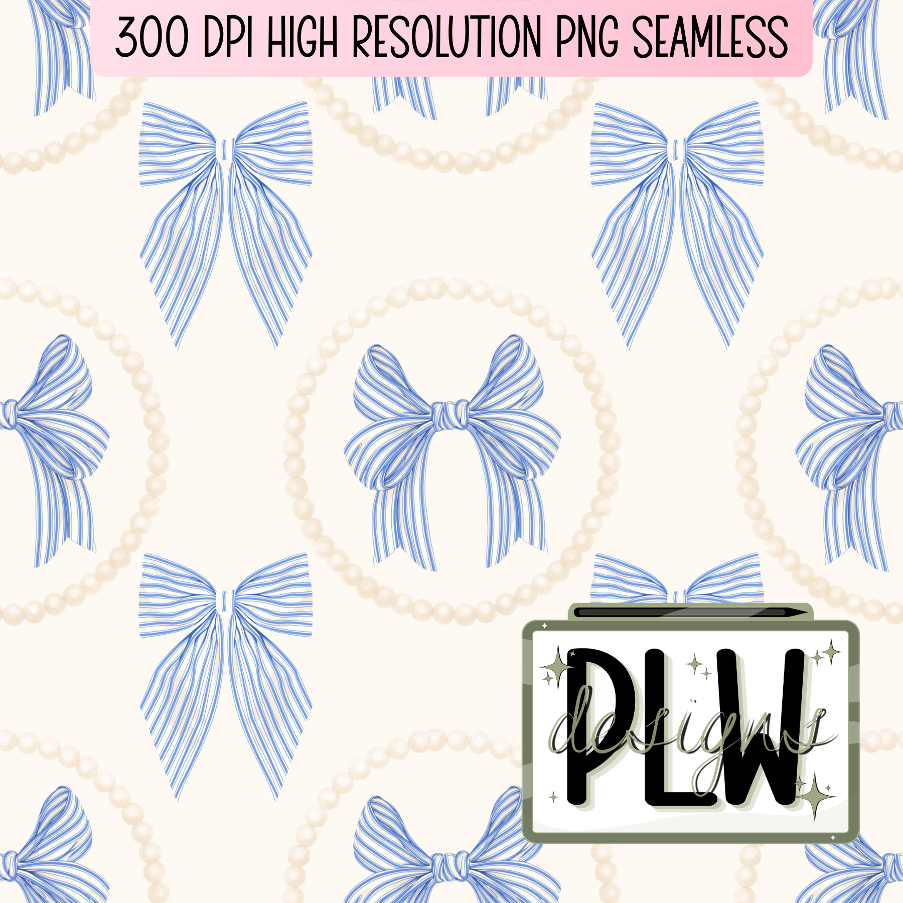 Coastal Bows & Pearls Seamless Pattern Bundle, Digital Download, PNG, JPG