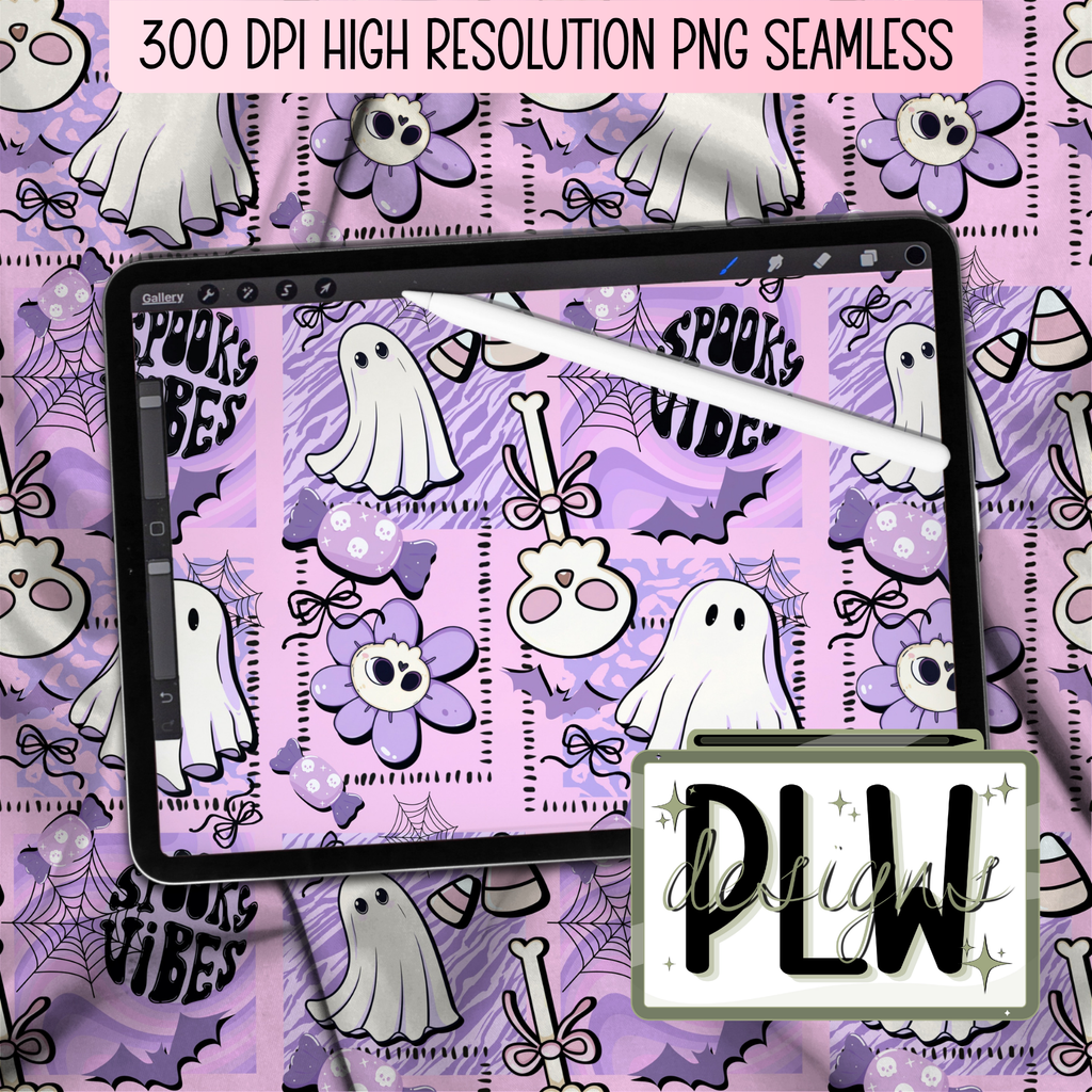Purple-Y Spooked, Boo and Bows Lavender Haunted Seamless Pattern, Digital Download High Resolution 300 DPI PNG