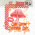 Flaming pink mushroom, checkerboard accents, sparkles, and playful typography, Grunge aesthetic, PNG Digital Download