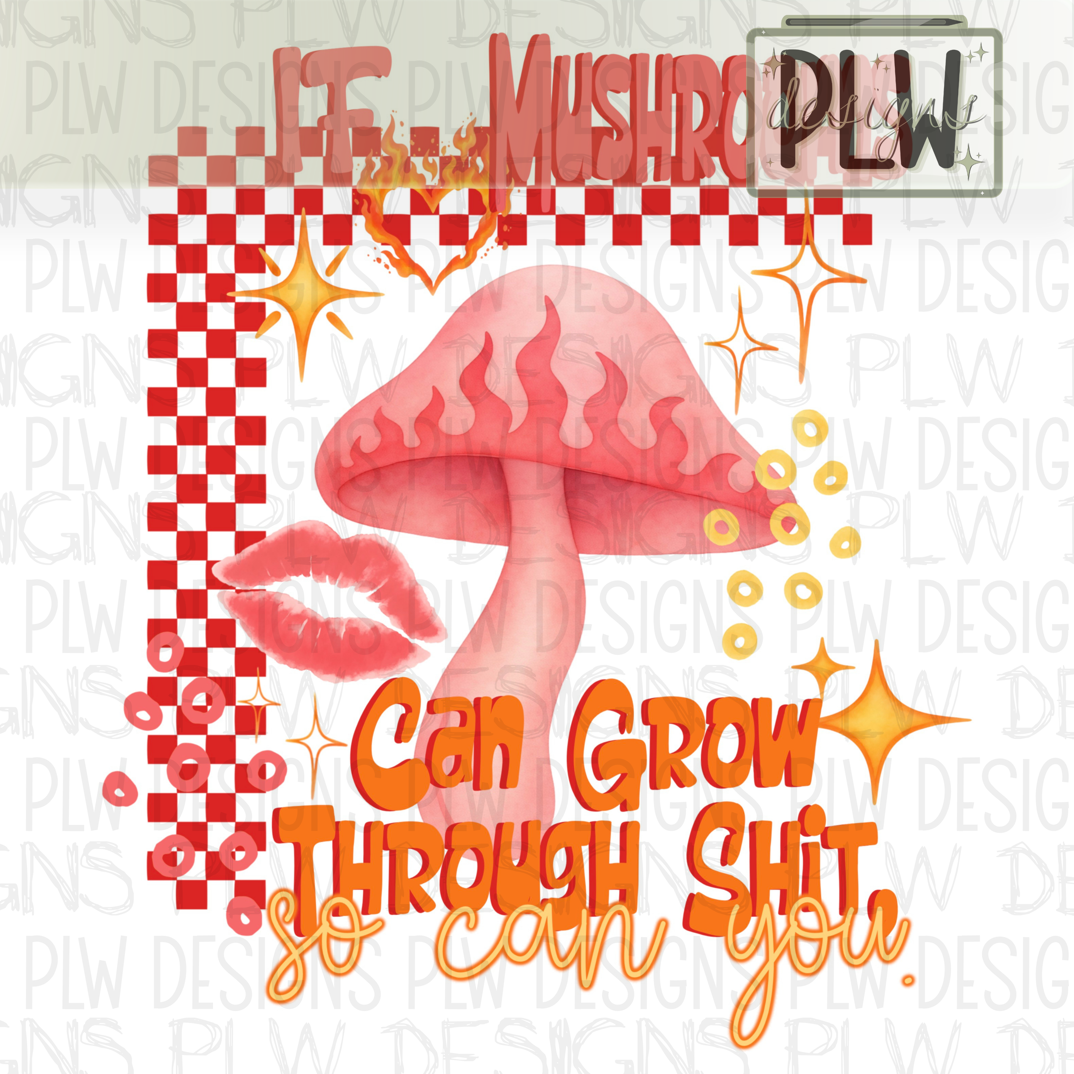 Flaming pink mushroom, checkerboard accents, sparkles, and playful typography, Grunge aesthetic, PNG Digital Download
