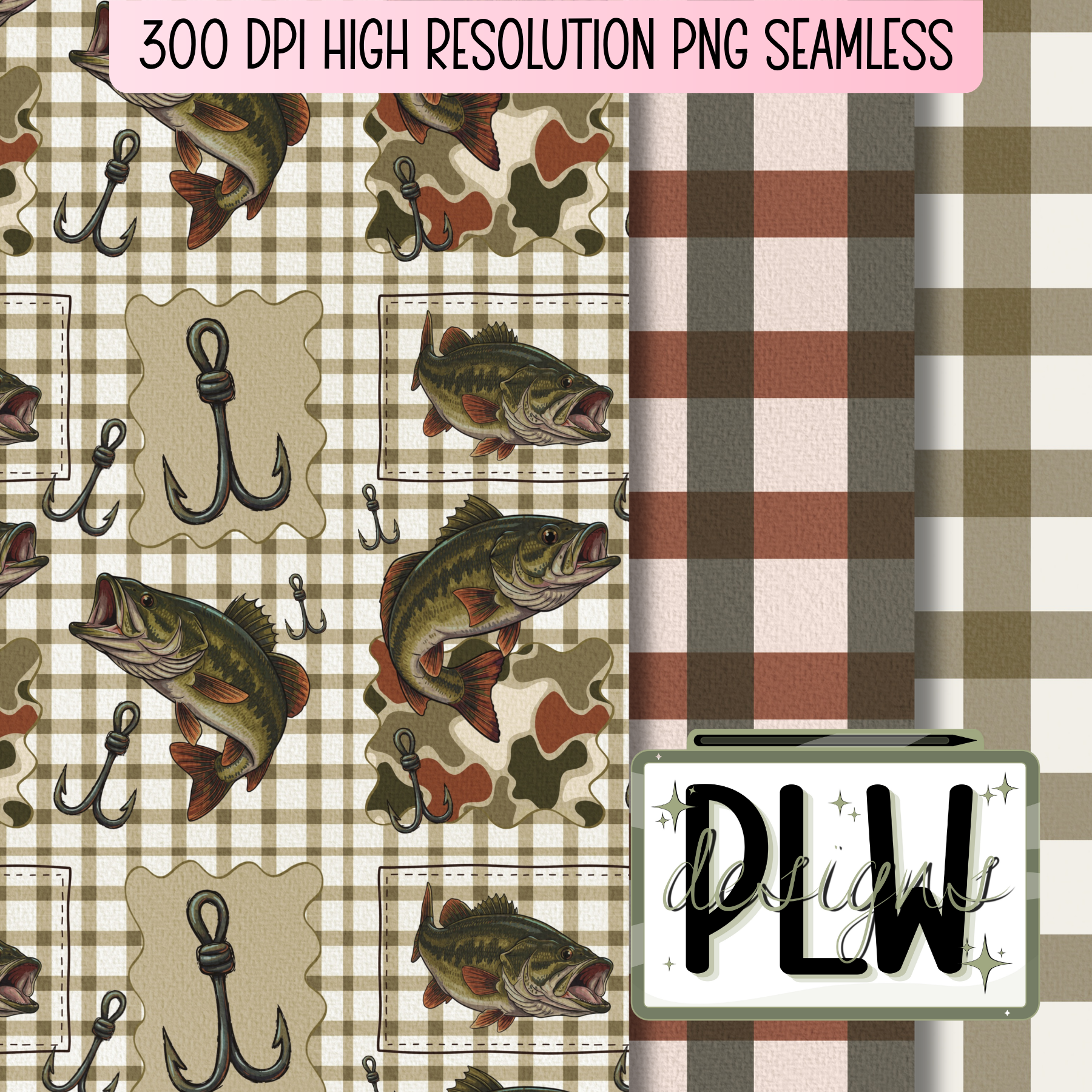 Hooked on Bass set of 3 seamless patterns, camouflage, Bass, Checkered, Plaid, outdoorsman aesthetic seamless pattern digital download