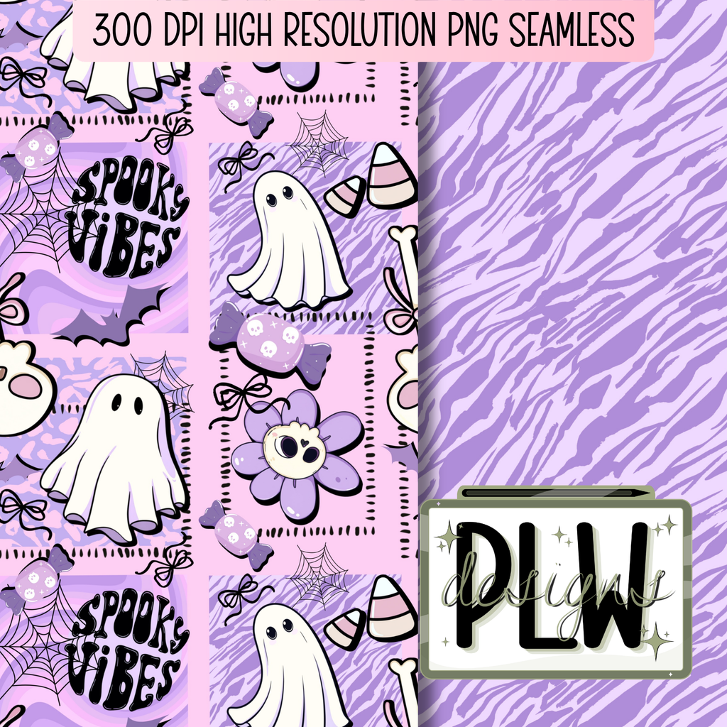 Purple-Y Spooked, Boo and Bows Lavender Haunted Seamless Pattern, Digital Download High Resolution 300 DPI PNG